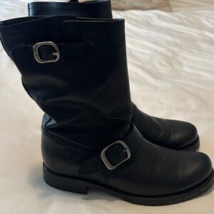 Frye Black Leather Mid-Calf Buckle Boots